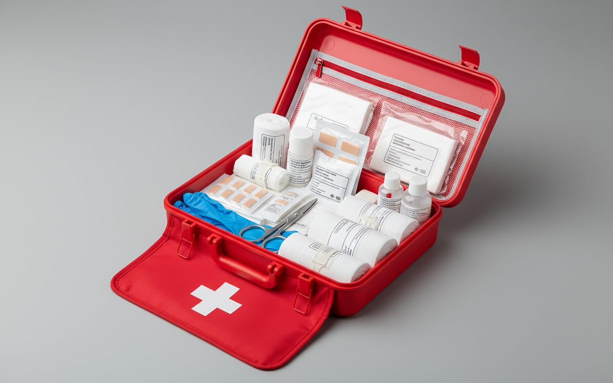 Trusa medicala auto deschisa cu continut complet: pansamente sterile, comprese, manusi medicale si solutie antiseptica