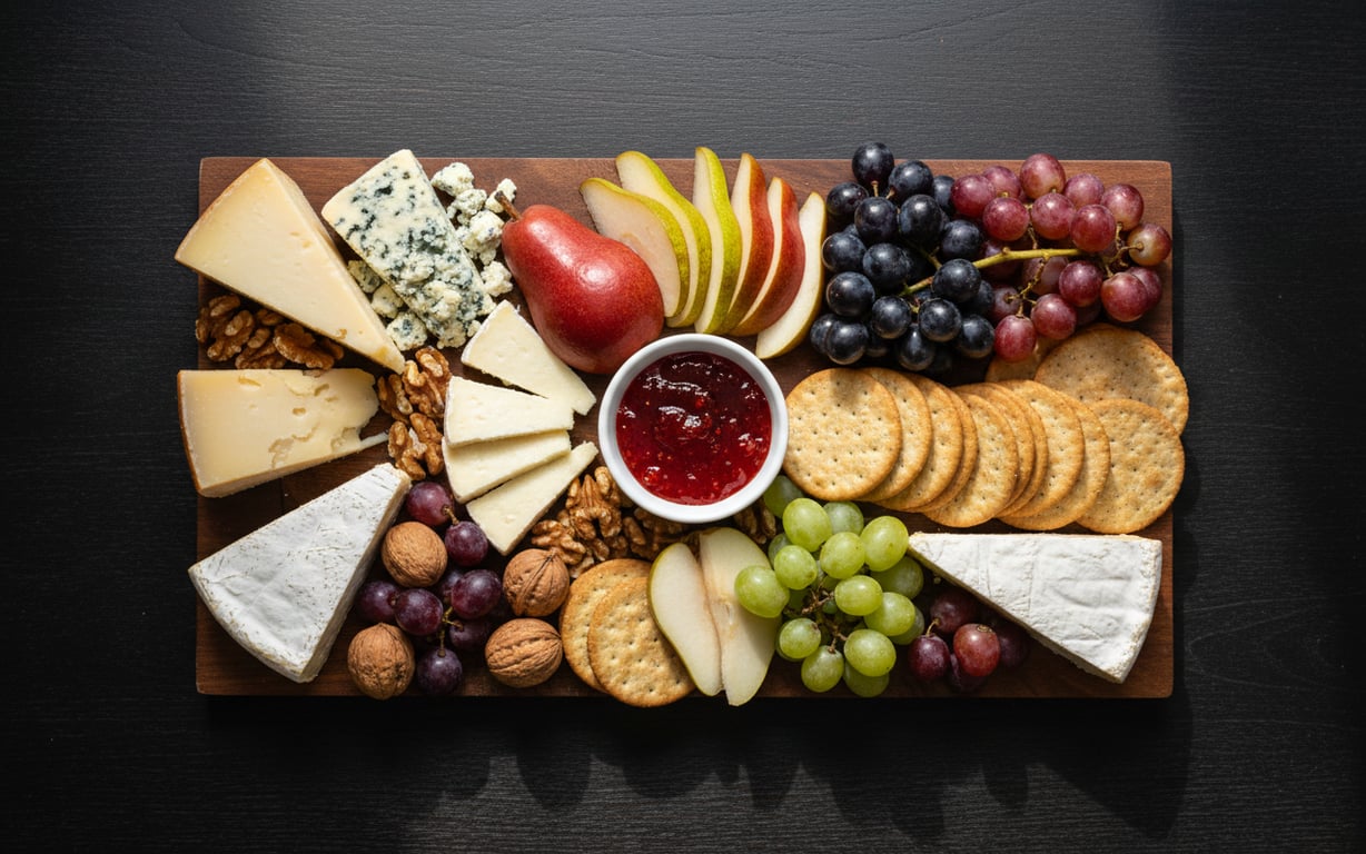 Platou de brânzeturi aranjat estetic cu fructe, nuci și dulceață picantă