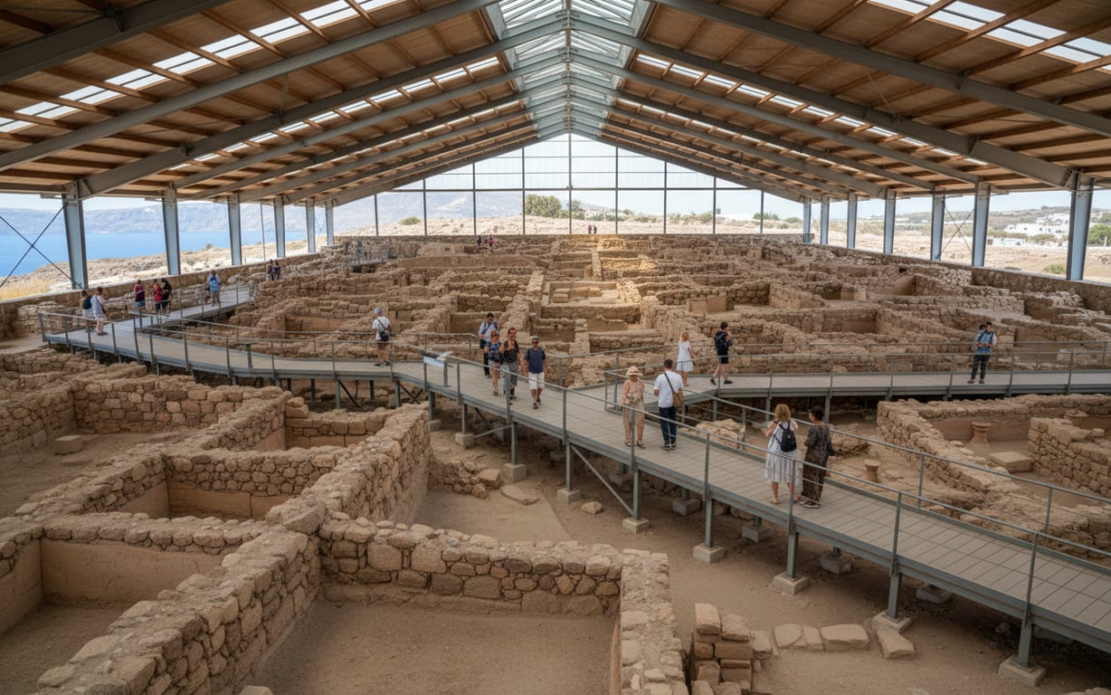 Situl arheologic Akrotiri din Santorini cu ruine bine conservate și vizitatori