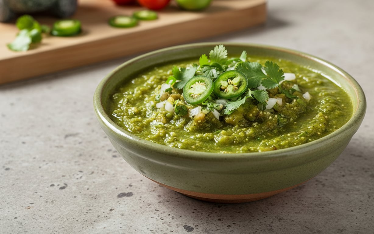 Salsa verde proaspătă cu tomatillo și ardei serrano în bol ceramic