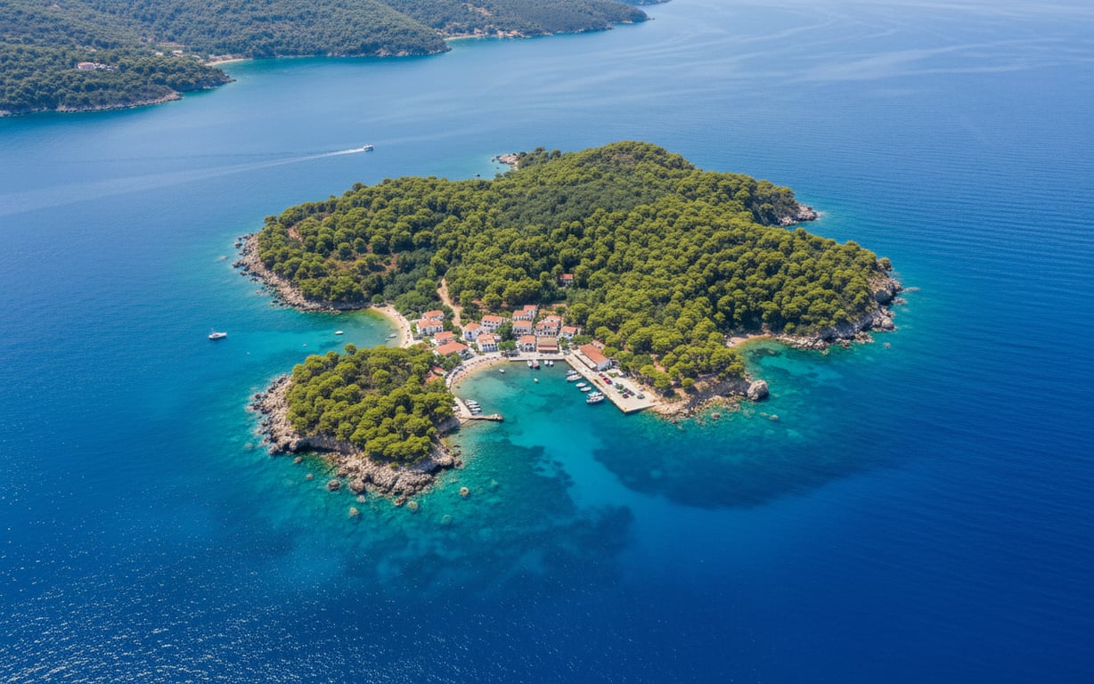 Insula Agistri cu păduri de pini verzi și mare albastră în Grecia