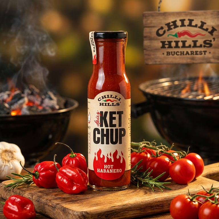 Sticle de sos iute artizanal Chilli Hills pe masă de lemn rustic