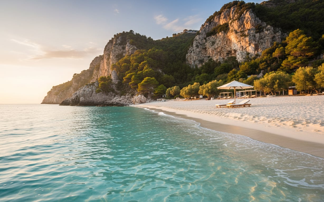 Plajă de nisip alb cu apă turcoaz în Sicilia, vara