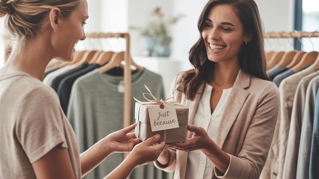 Clientă primește cadou aniversar, gest de apreciere, fidelizare magazin