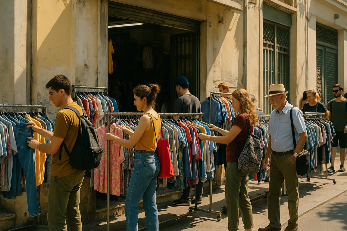 A photorealistic shot capturing a bustling street scene in Athens, Greece, showcasing a variety of people browsing through racks of clothing outside a second-hand store, with vibrant colors and natural lighting, reflecting the energy of the city and the appeal of affordable fashion, during a sunny afternoon.