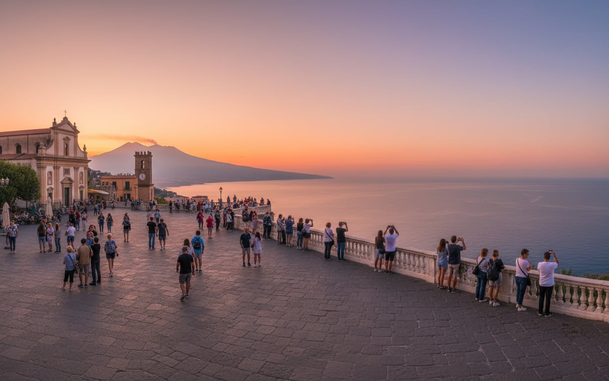 Piazza IX Aprile Taormina la apus cu vedere spre Etna și mare
