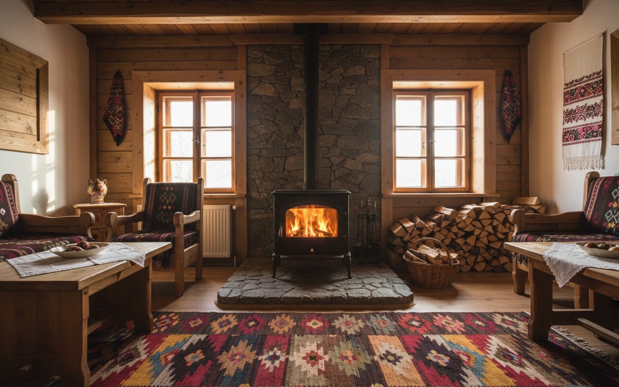 Sobă de fontă neagră aprinsă într-o cameră de zi cu mobilier rustic românesc