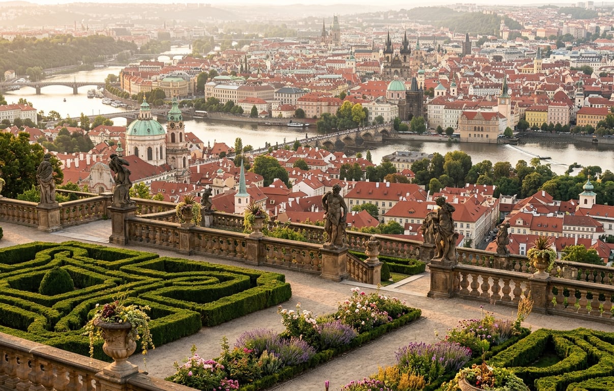 Grădinile sudice ale Castelului Praga cu vedere panoramică spre acoperișurile roșii ale orașului