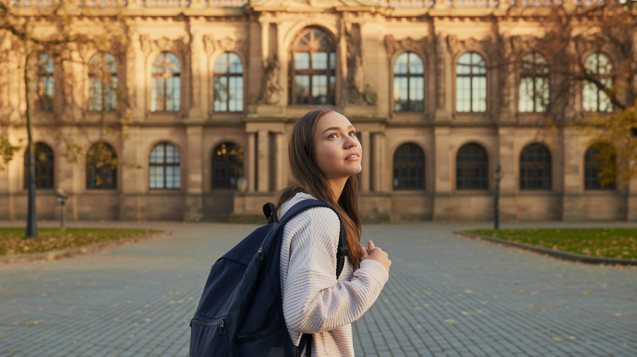 Student with backpack looking at university building, studying abroad