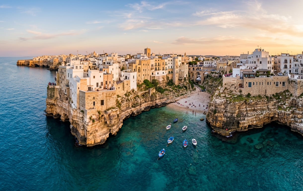 Polignano a Mare cu case albe pe stânci abrupte deasupra Mării Adriatice