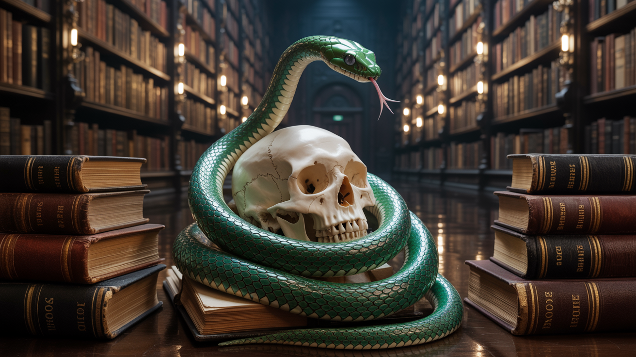 Un șarpe stilizat încolăcit în jurul unui craniu antic, înțelepciune.