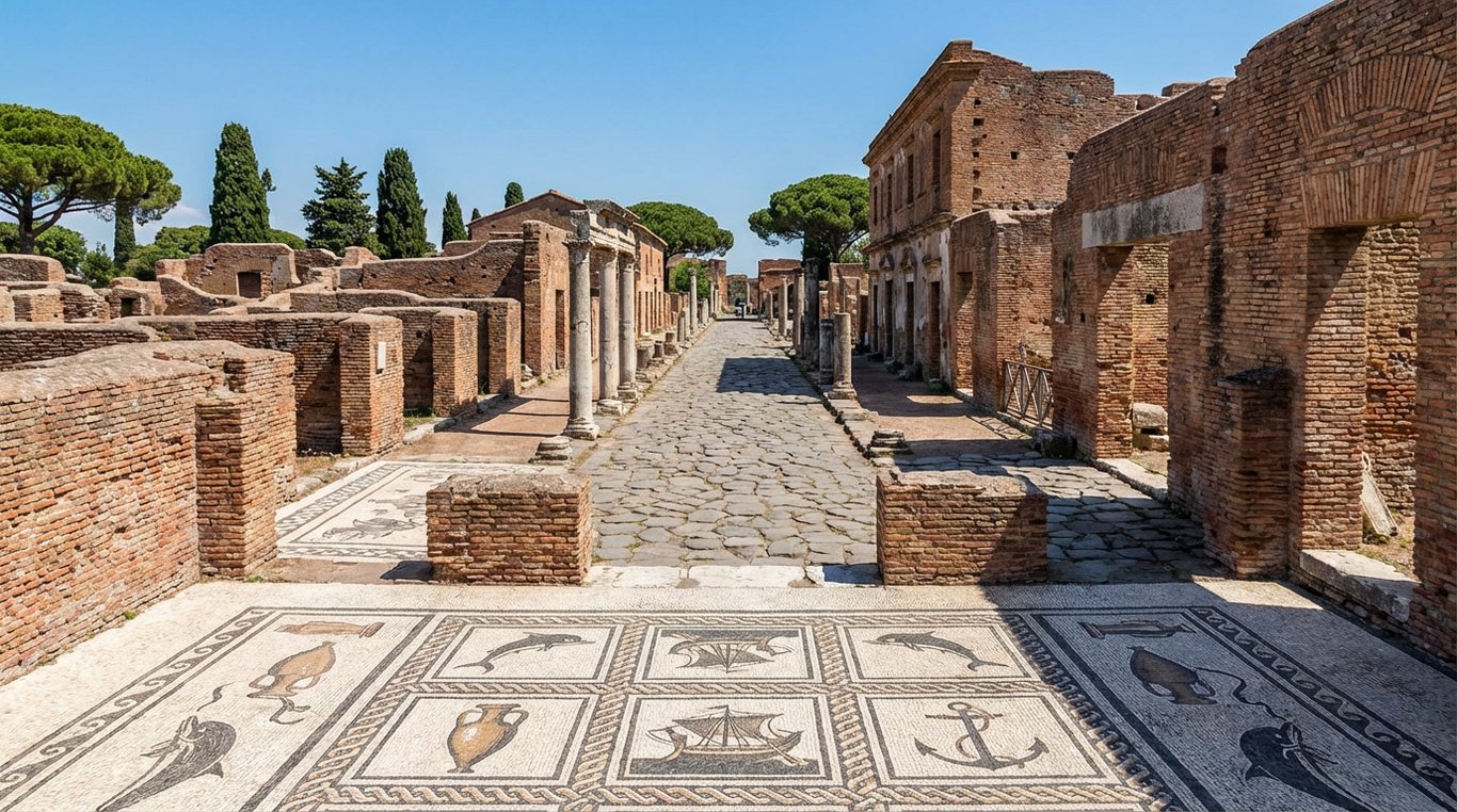 Ruinele antice din Ostia Antica cu străzi pavate și mozaicuri romane