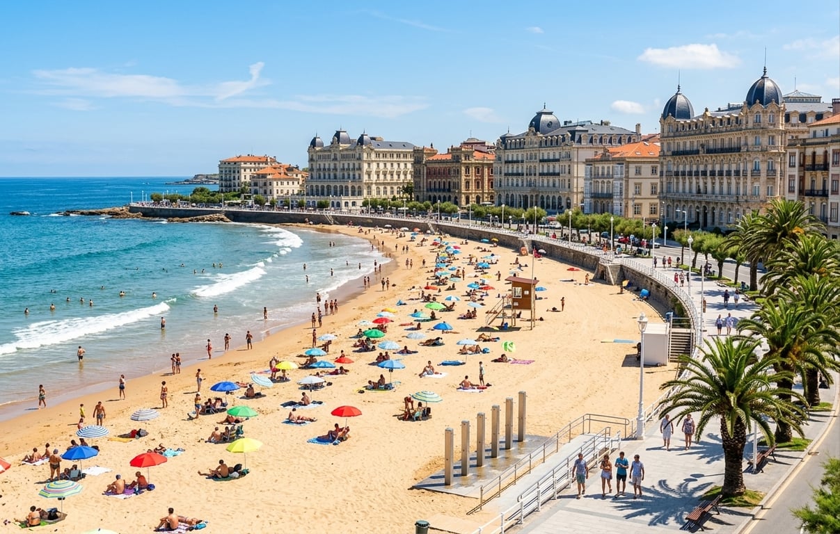 Plaja Sardinero cu nisip auriu, umbrele colorate și promenadă elegantă cu clădiri Belle Époque