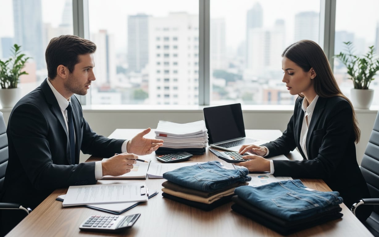 Business meeting between clothing seller and wholesale liquidation buyer