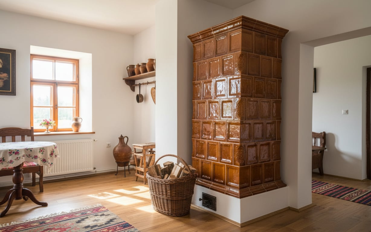 Sobă de teracotă tradițională maro cu cahle decorative într-o cameră luminoasă
