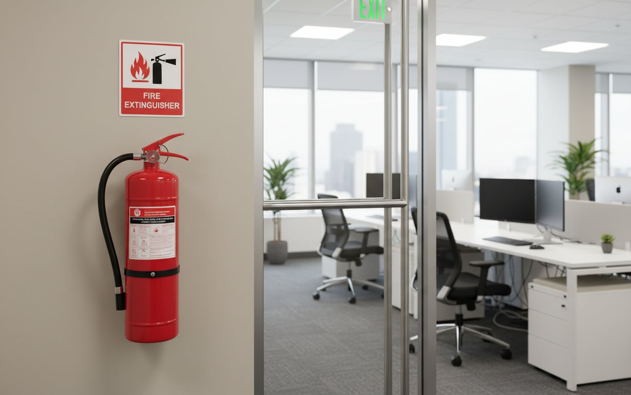 Stingator de incendiu montat pe perete in birou modern