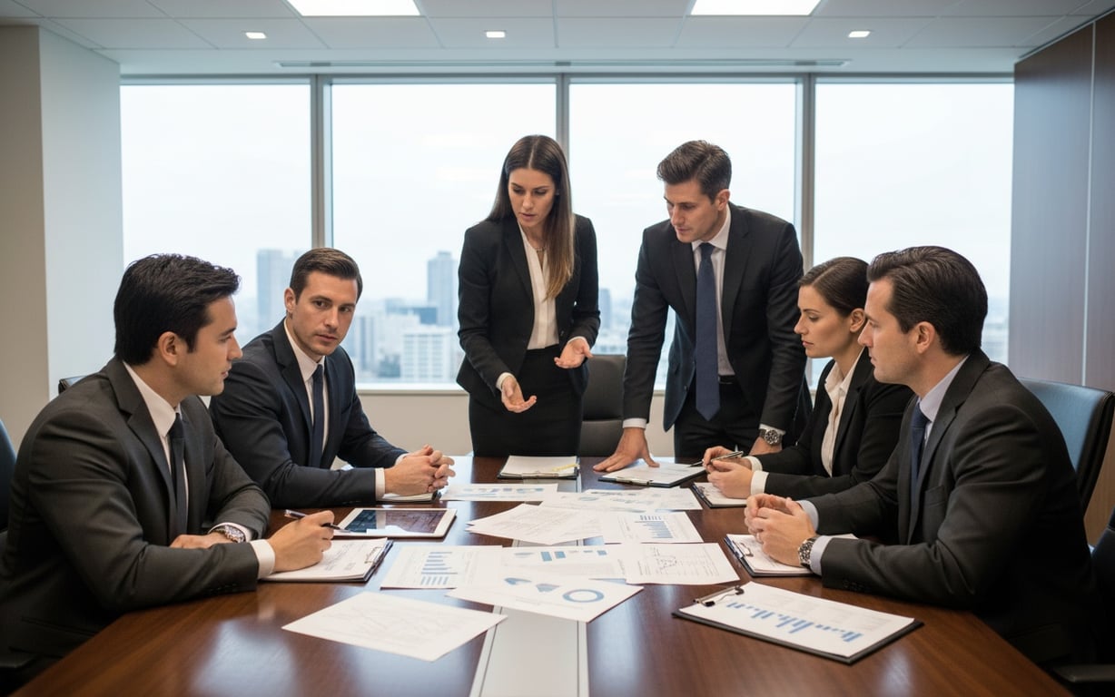 Business meeting discussing financial and legal aspects of clothing liquidation