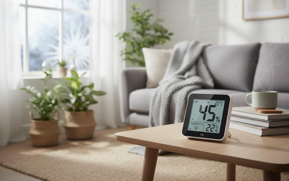 Higrometru digital afișând nivelul optim de umiditate într-o cameră modernă