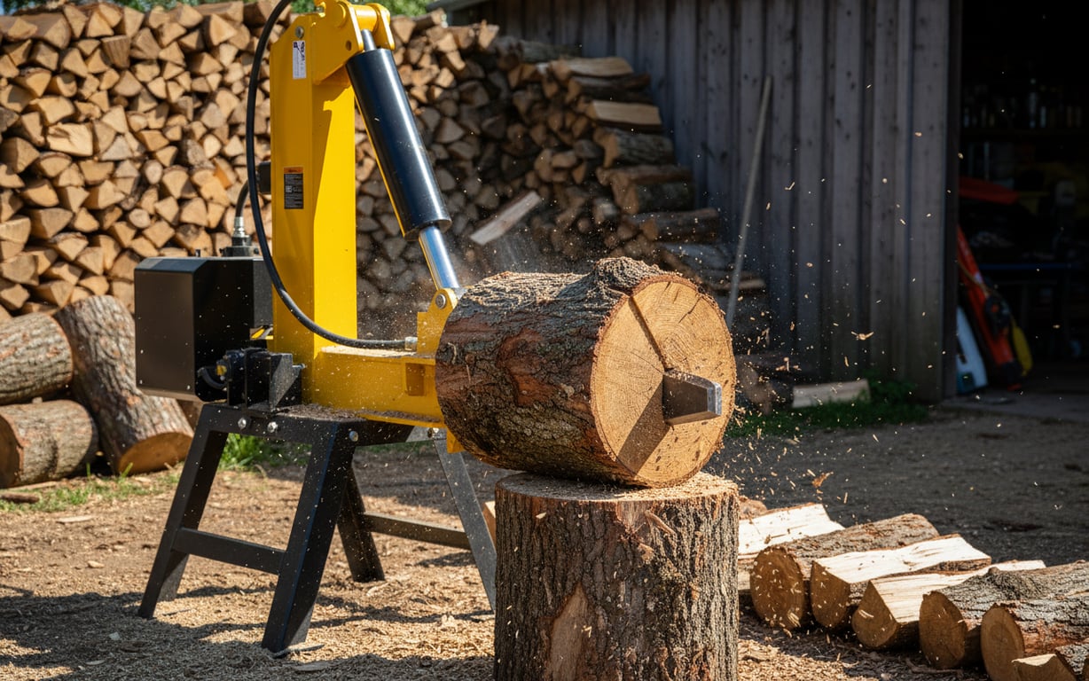 Despicător lemne hidraulic în acțiune despicând un buștean mare