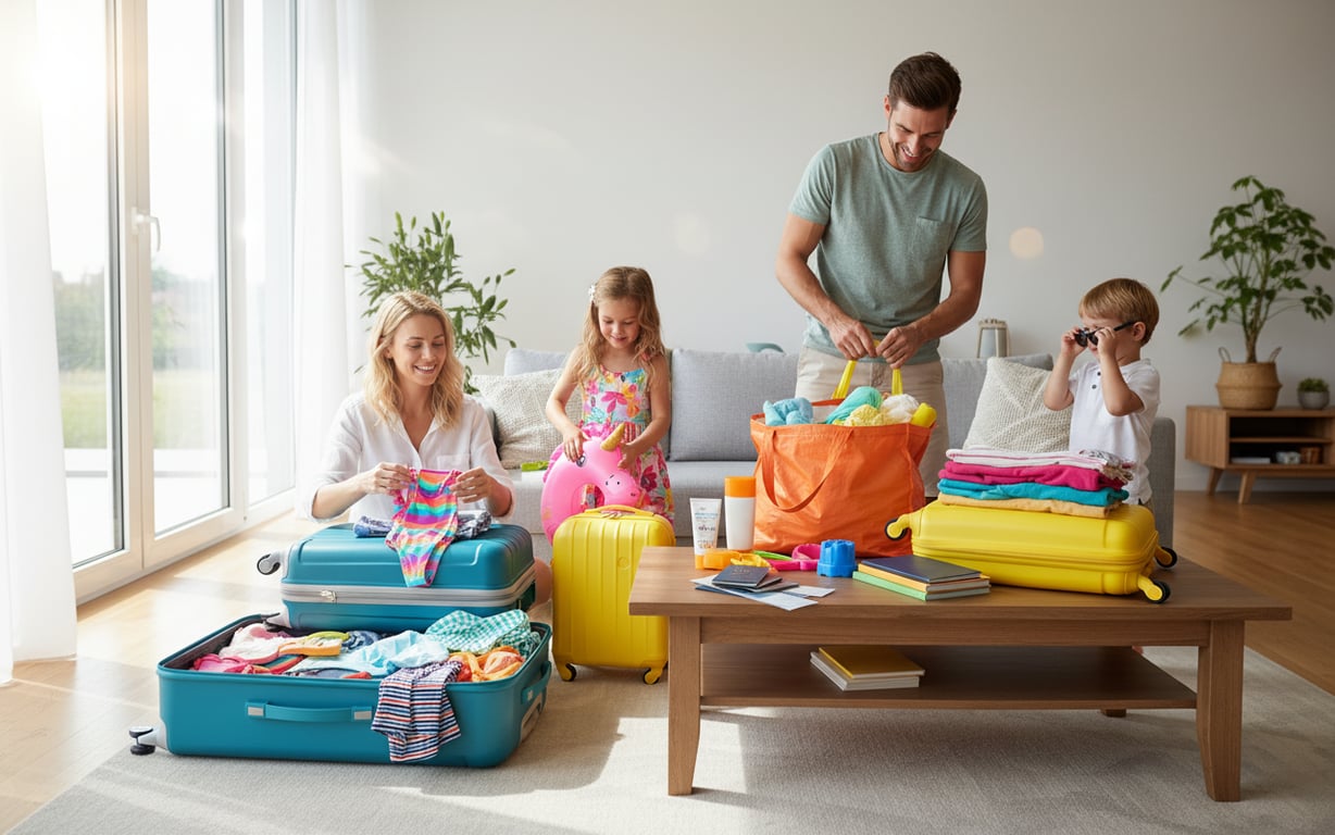 Părinți și copii pregătind bagajele pentru vacanța la mare în familie