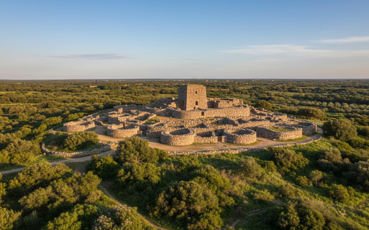 Ruine nuragice antice din Sardinia înconjurate de peisaj verde