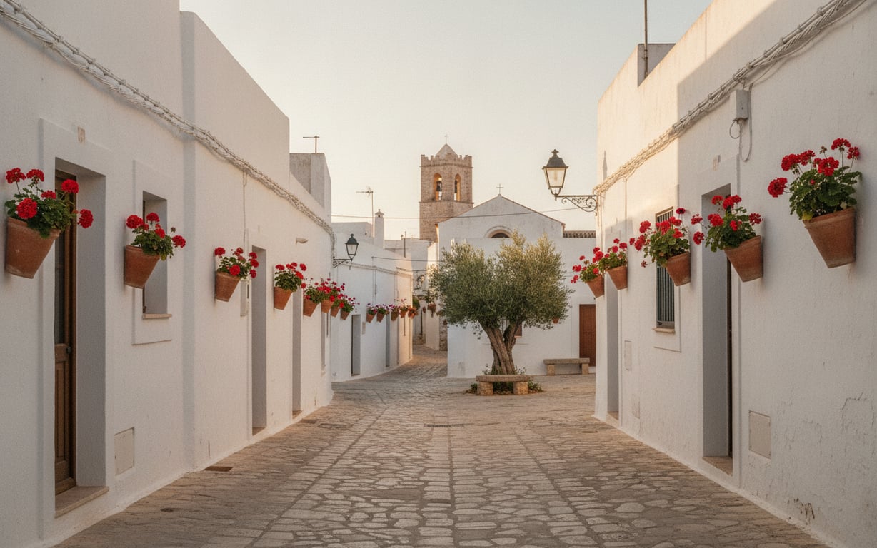 Sat tradițional alb din Ibiza cu biserică și străduțe pietruite