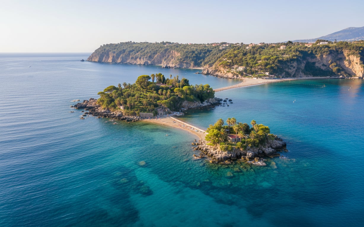 Isola Bella Taormina cu apă turcoaz și vegetație mediteraneană