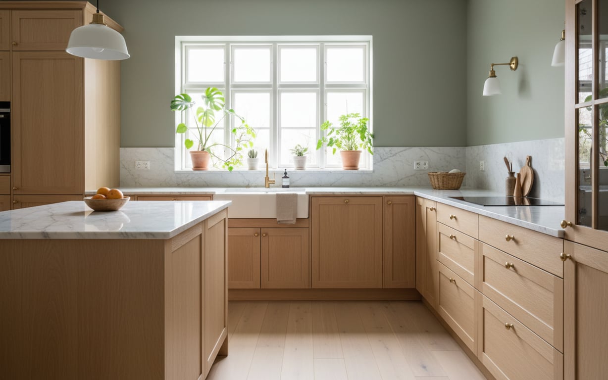 Bucătărie cu pereți verde sage și mobilier din lemn natural deschis