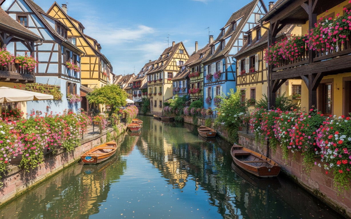 Canal pitoresc cu bărci de lemn și case colorate în cartierul La Petite Venise din Colmar, Alsacia