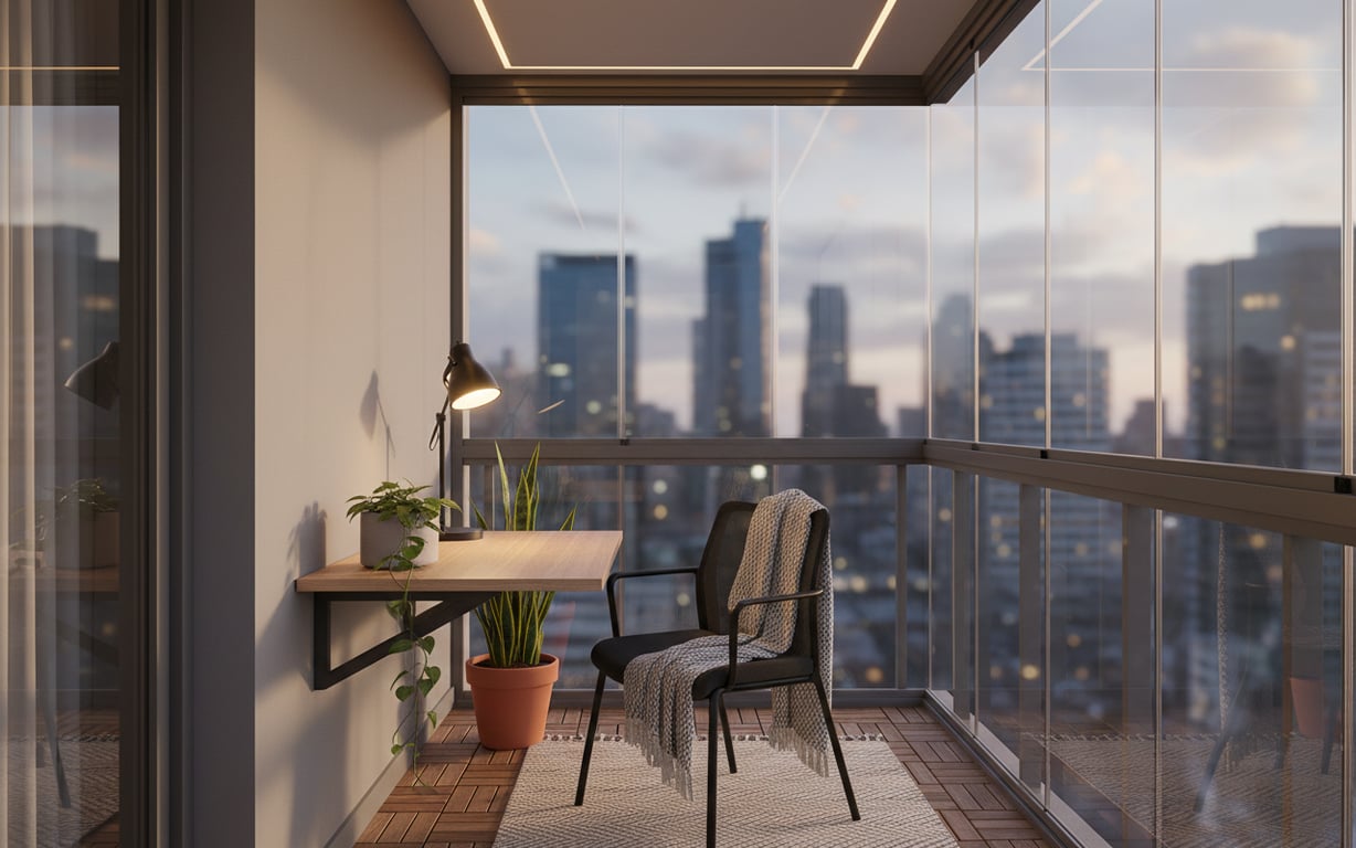 Birou minimalist pe balcon închis, cu blat rabatabil, plante și iluminat direcțional