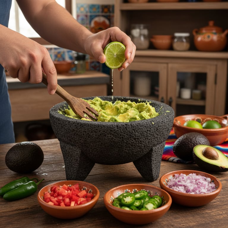 Proces de preparare guacamole picant cu avocado zdrobit în molcajete