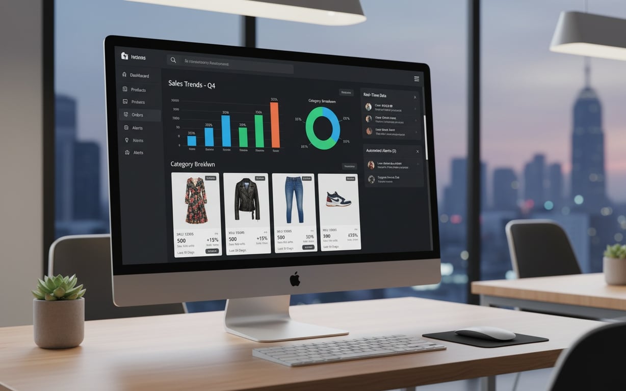 Modern inventory management software dashboard displaying clothing stock analytics and reports