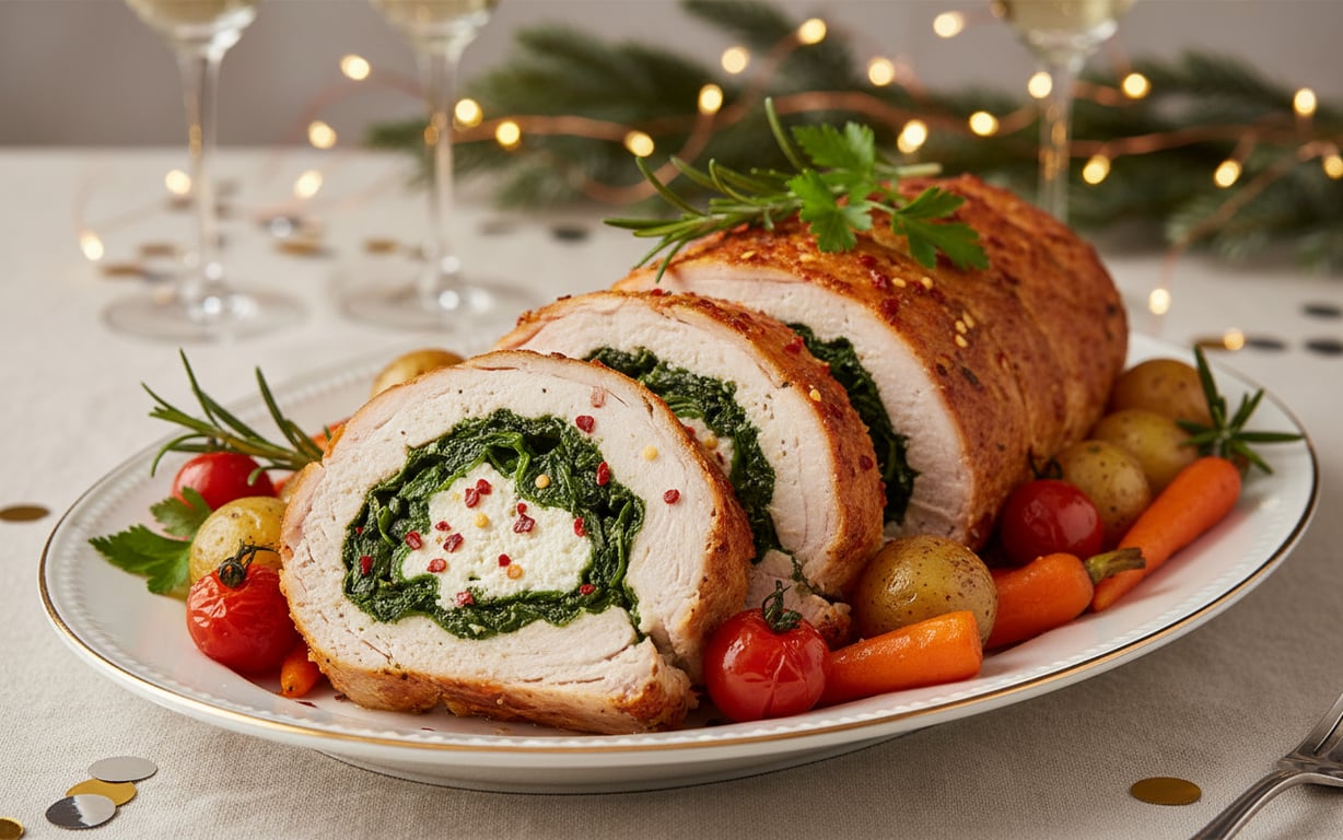 Rulada de curcan picantă tăiată în felii cu umplutură colorată