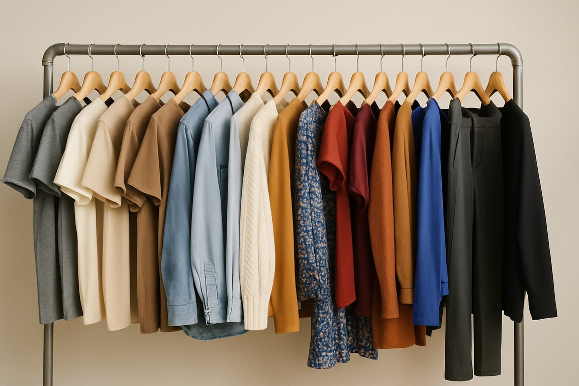 A photorealistic shot capturing a well-organized clothing rack with a diverse range of styles, sizes, and colors, reflecting the importance of offering a variety of items to appeal to a wide range of customers in the wholesale clothing business.