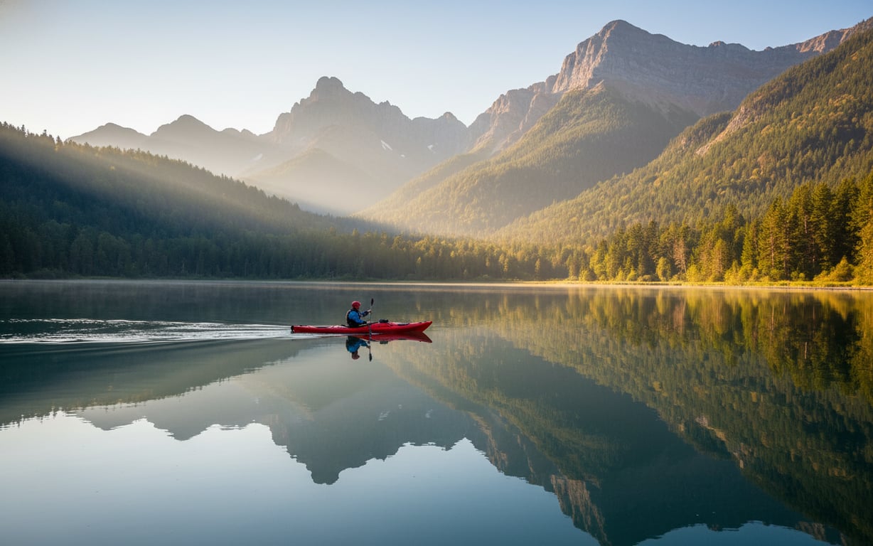 Persoană practicând kayak pe un lac liniștit înconjurat de natură