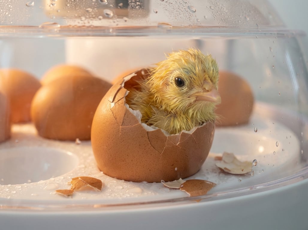 Pui de găină proaspăt eclozat ieșind din ou în incubator