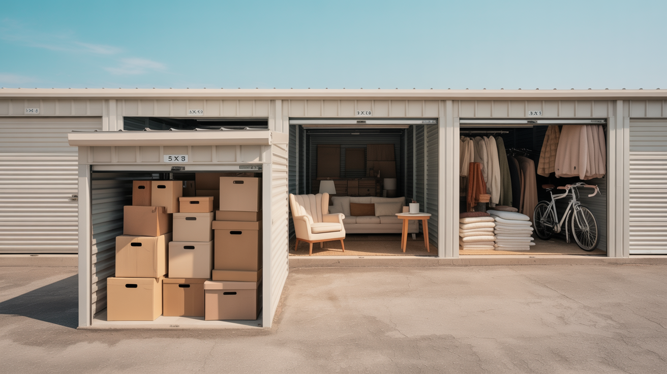 Various storage unit sizes, from small closet to large household sizes