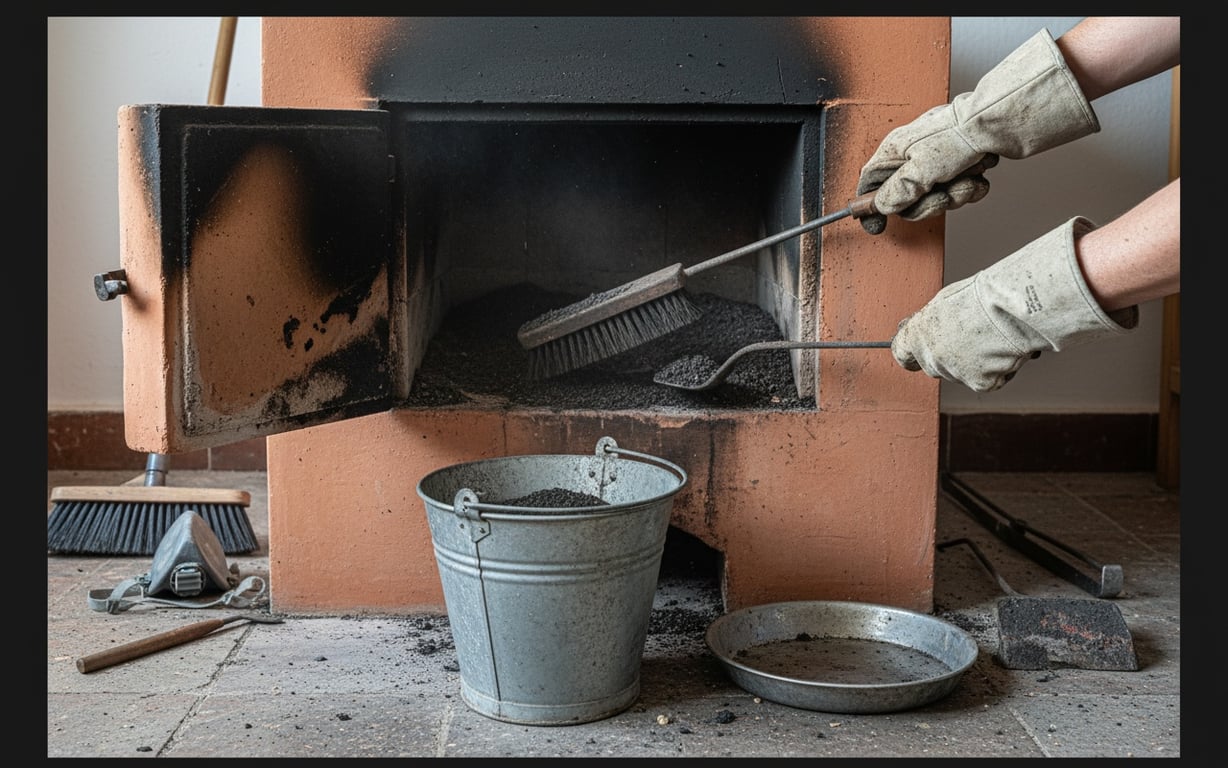 Proces de curățare interior sobă cu îndepărtarea cenușii și funinginei