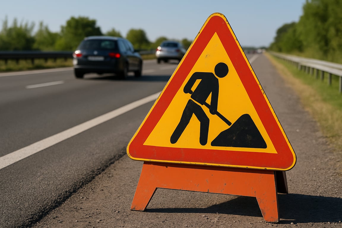 A photorealistic shot capturing a temporary road sign indicating road work ahead, placed on the side of a highway, during daytime with clear visibility, emphasizing the sign's role in warning drivers about upcoming construction, cars driving in the background, medium shot.