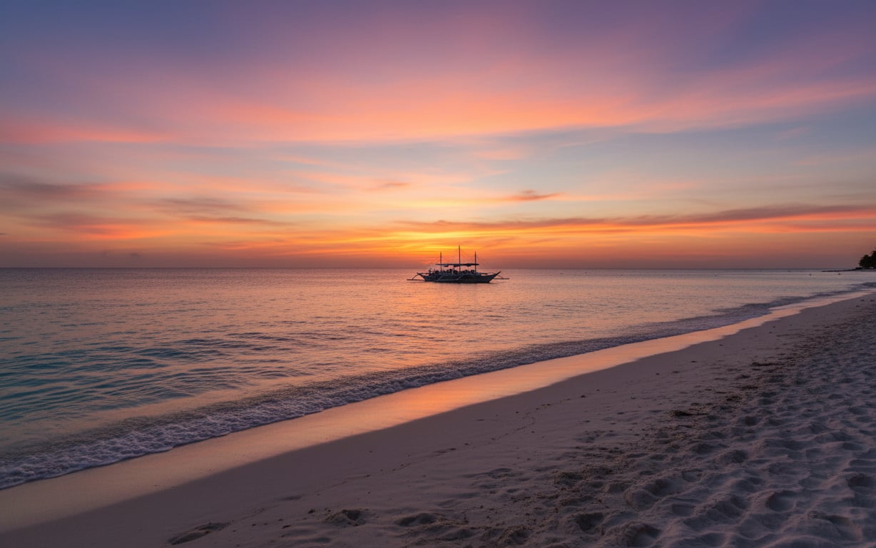 Apus de soare spectaculos pe plaja albă White Beach din insula Boracay