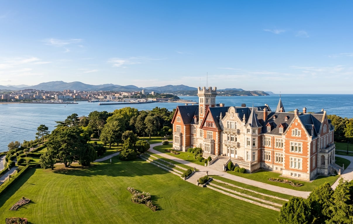 Palatul Magdalena cu arhitectură regală înconjurat de grădini verzi și ocean în fundal