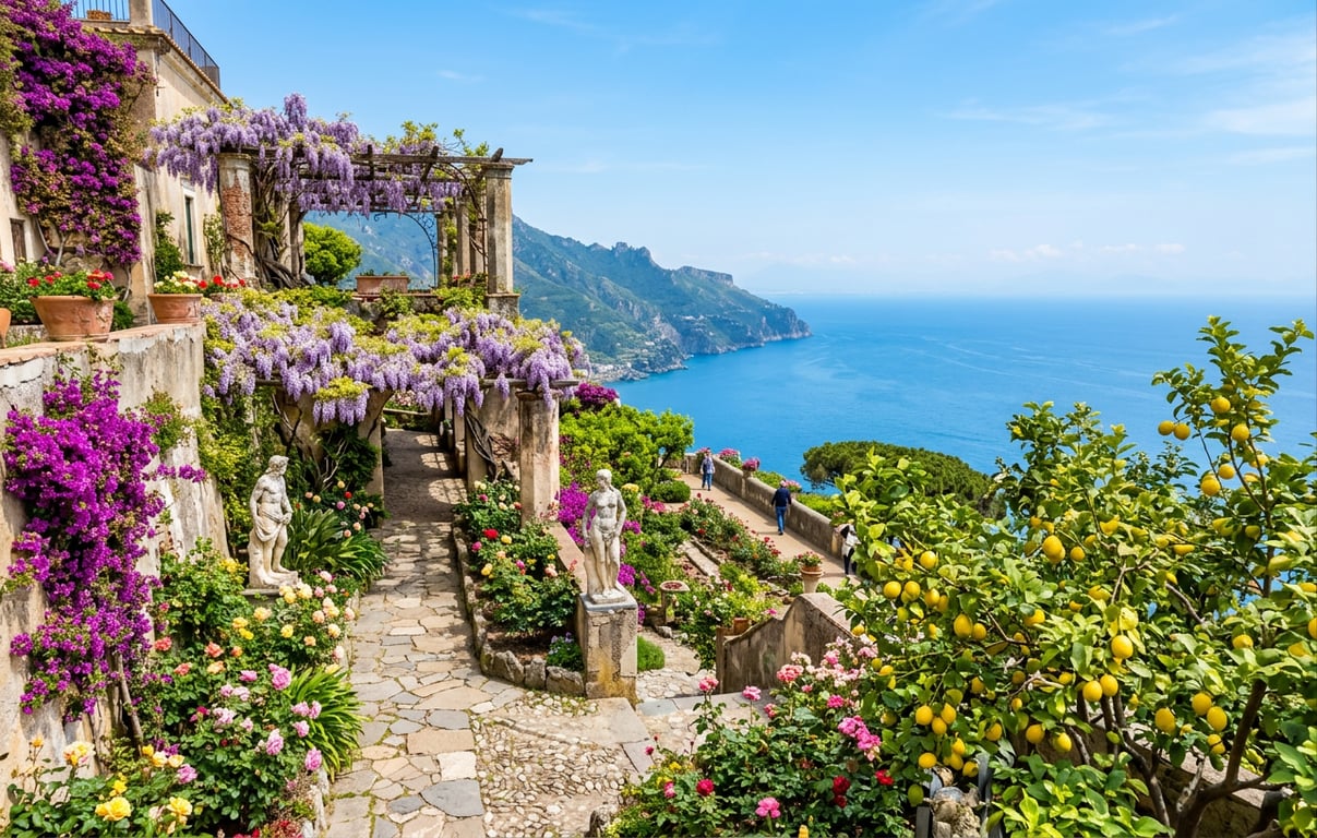 Grădini înflorite pe Coasta Amalfi în primăvară cu flori colorate și vedere la mare