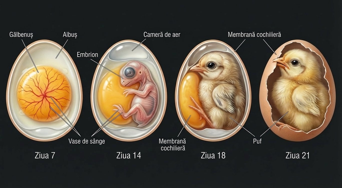 Ilustrație științifică a etapelor de dezvoltare embrionară în oul de găină