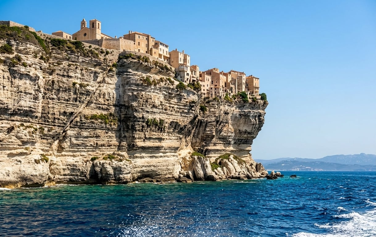 Cetatea medievală Bonifacio pe faleze albe de calcar deasupra Mării Mediterane