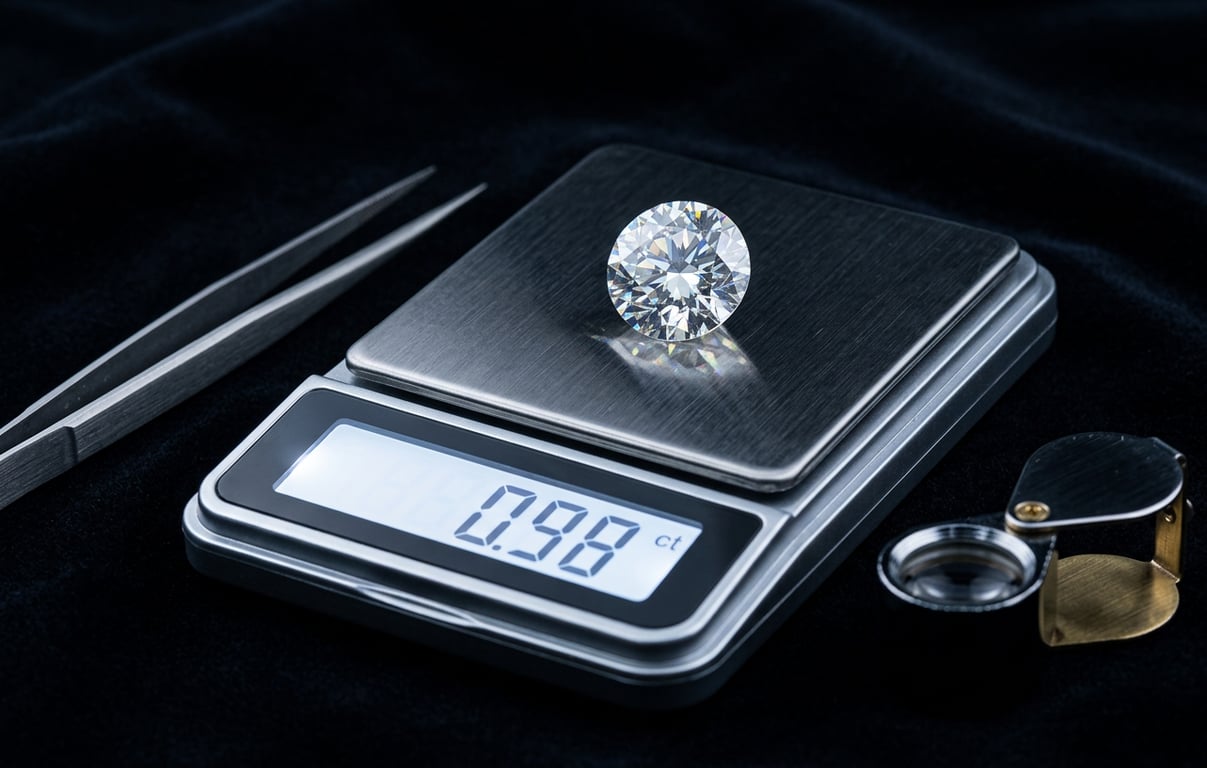 Diamant pe balanță digitală într-un studio european, ilustrând greutatea în carate.