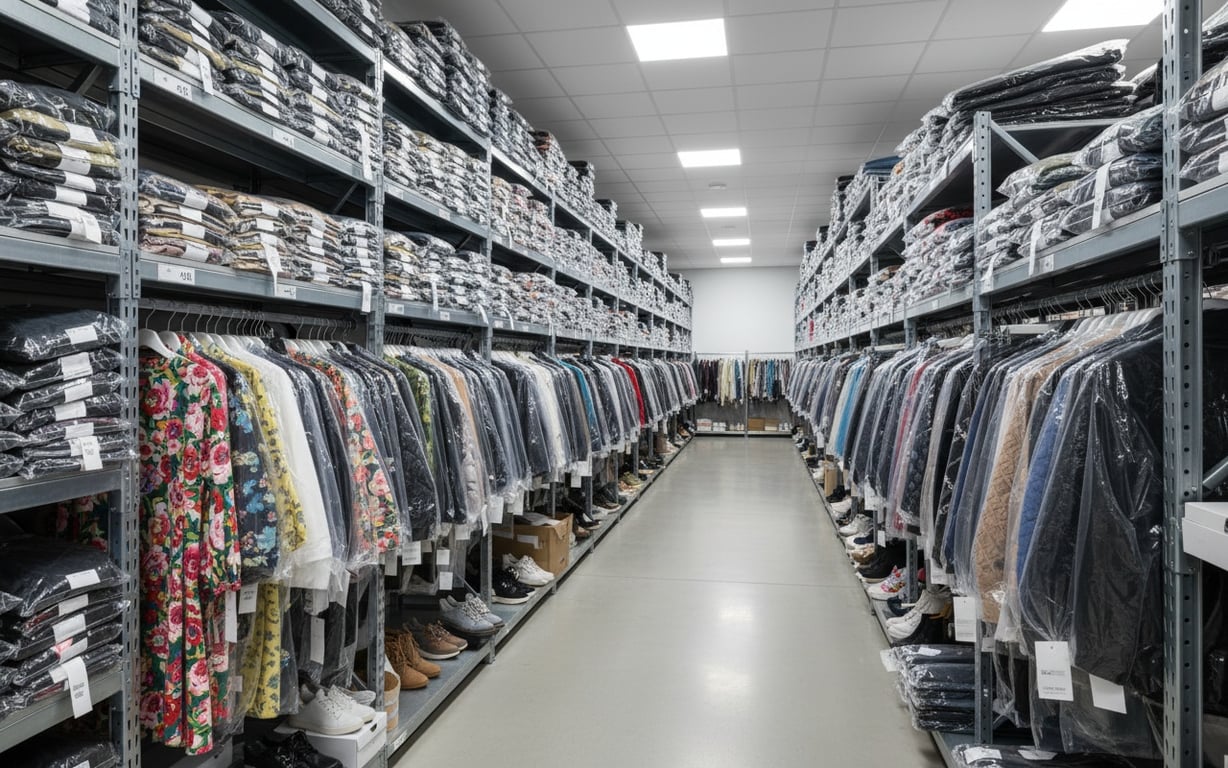 Fashion deadstock inventory being prepared for B2B platform liquidation with quality grading