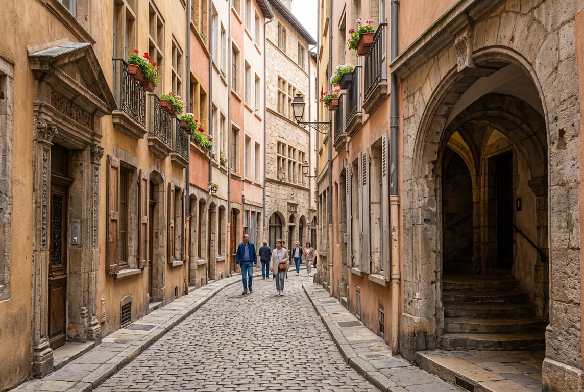 Străzi medievale înguste din Vieux Lyon cu fațade renascentiste colorate și pavaj de piatră