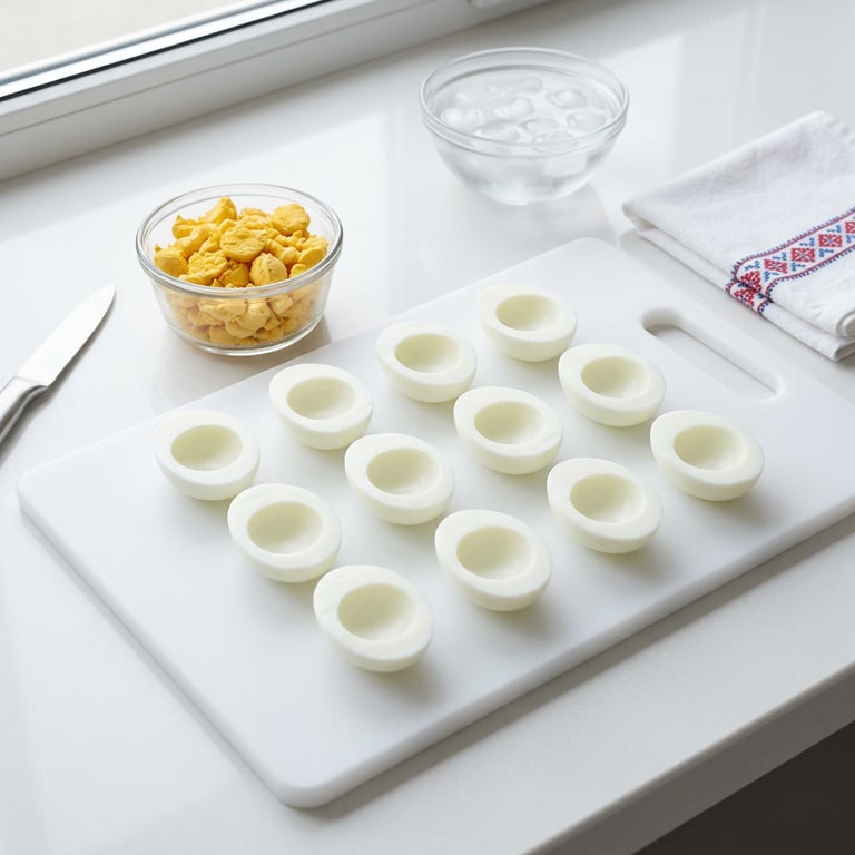 Ouă fierte tăiate în jumătate cu gălbenușuri scoase, pregătite pentru umplut pe o suprafață de lucru