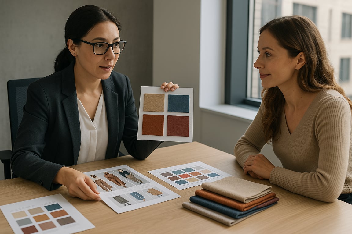 A photorealistic shot capturing a sourcing agent presenting fabric samples and trend forecasts to a boutique owner in a modern office setting, with natural light streaming through the window, showcasing the collaborative process and expertise involved in selecting the right materials and styles for the boutique's inventory, emphasizing the personalized service and strategic guidance provided by sourcing professionals.