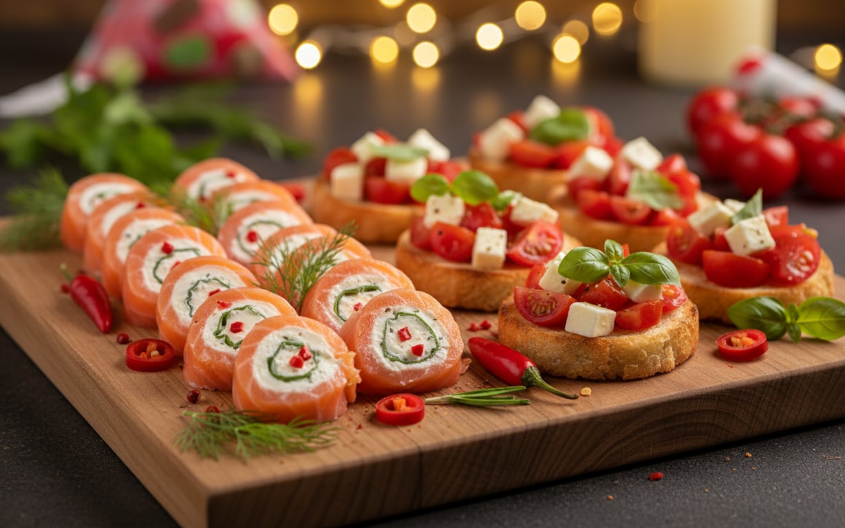 Platou cu aperitive picante: rulouri de somon și bruschete colorate